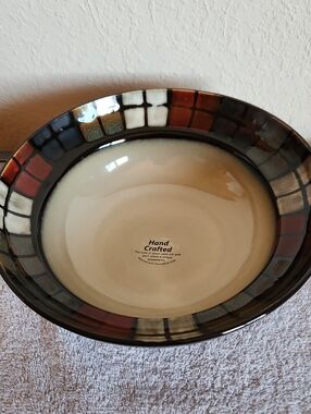 Hand Crafted Multicolor Glazed Ceramic Serving Bowl - Cream & Rust Accents